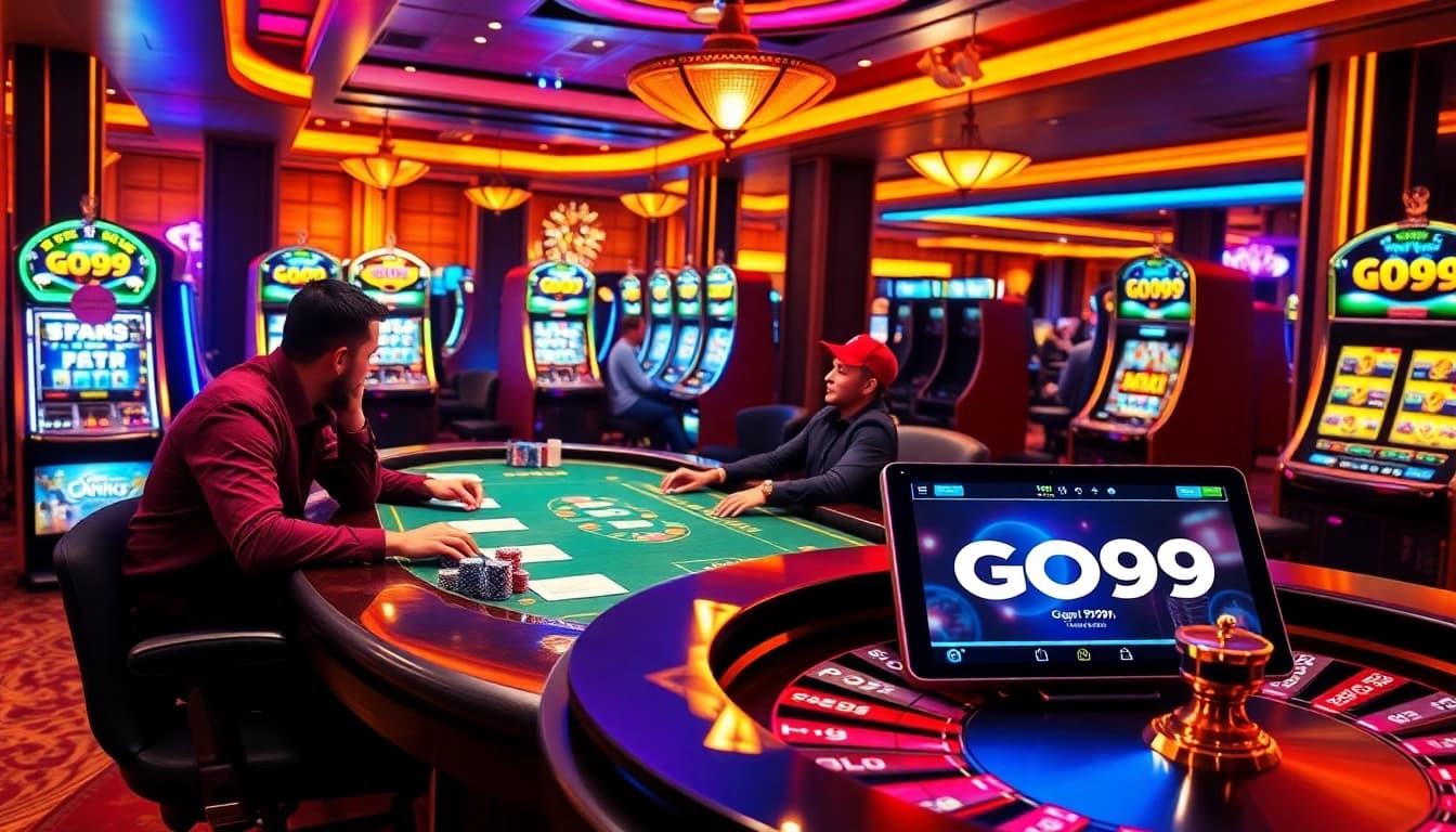 Engaging Go99 players in a vibrant casino atmosphere, featuring poker tables and exciting gaming elements.