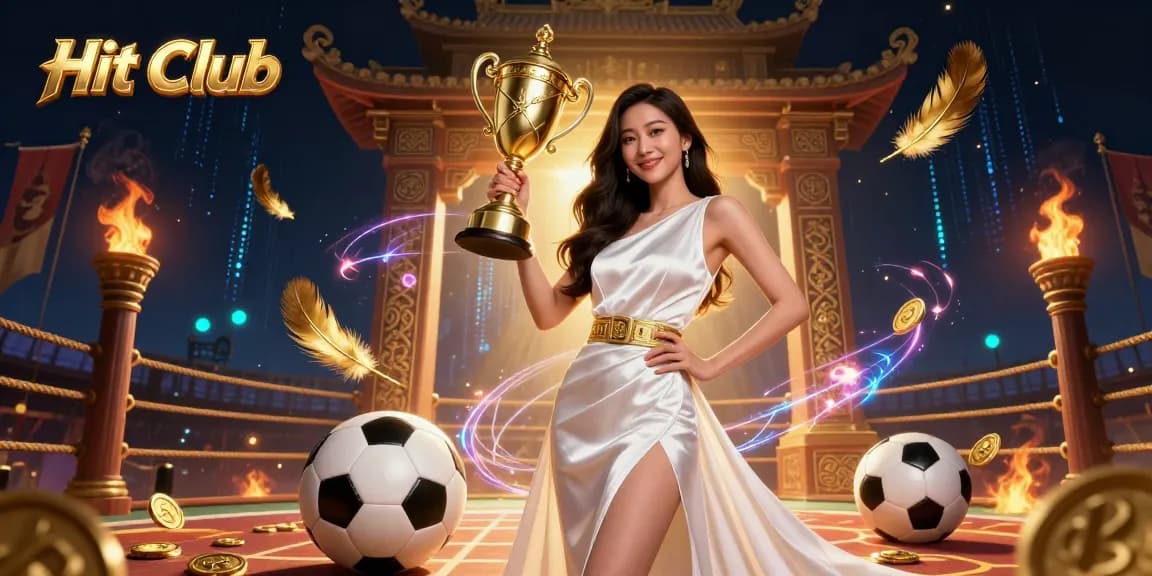 Experience thrilling wins at Hit Club with vibrant casino elements and a victorious champion woman.