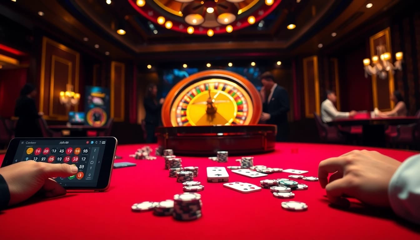 Hoạt động chơi game hấp dẫn tại Nhà cái JD88 với bàn casino sống động, lá bài và chip.