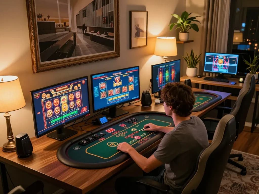 Engaging in live dealer games on aa88 in a stylish home gaming setup with modern monitors