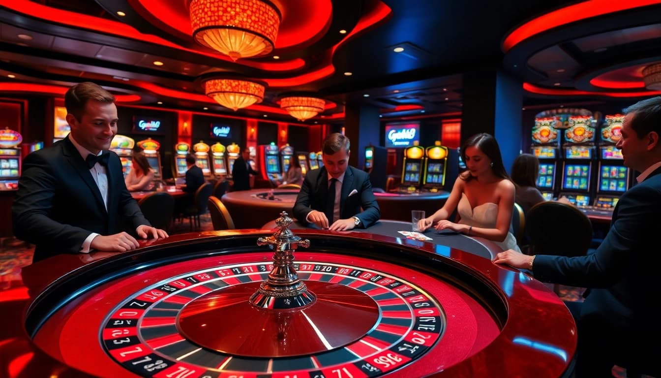 Players experience the excitement of gambling at Typhu88's luxurious casino setup with roulette and poker tables.
