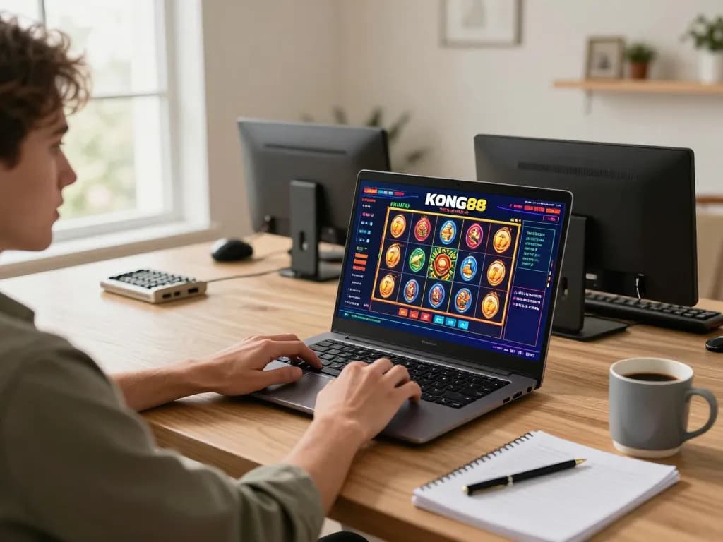 KONG88 user engaging in online casino gaming with laptop and strategic notes.