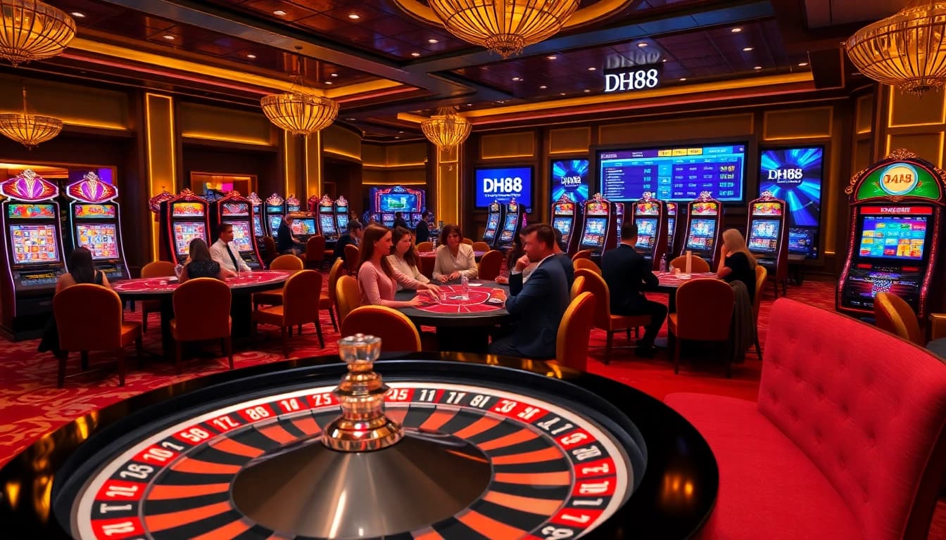 DH88 high-stakes gamblers celebrating a win at a luxurious casino table.