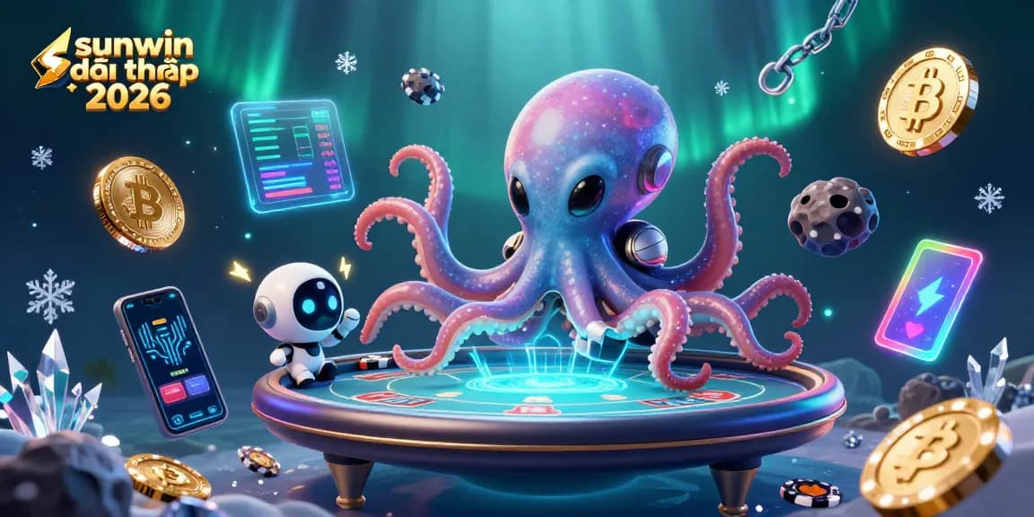 Engaging scene of sunwin đổi thưởng 2026 with a 3D alien octopus gaming at a holographic table surrounded by crypto elements.