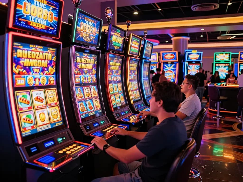 Players excitedly using kerajaanslot in a lively casino atmosphere with vibrant slot machines