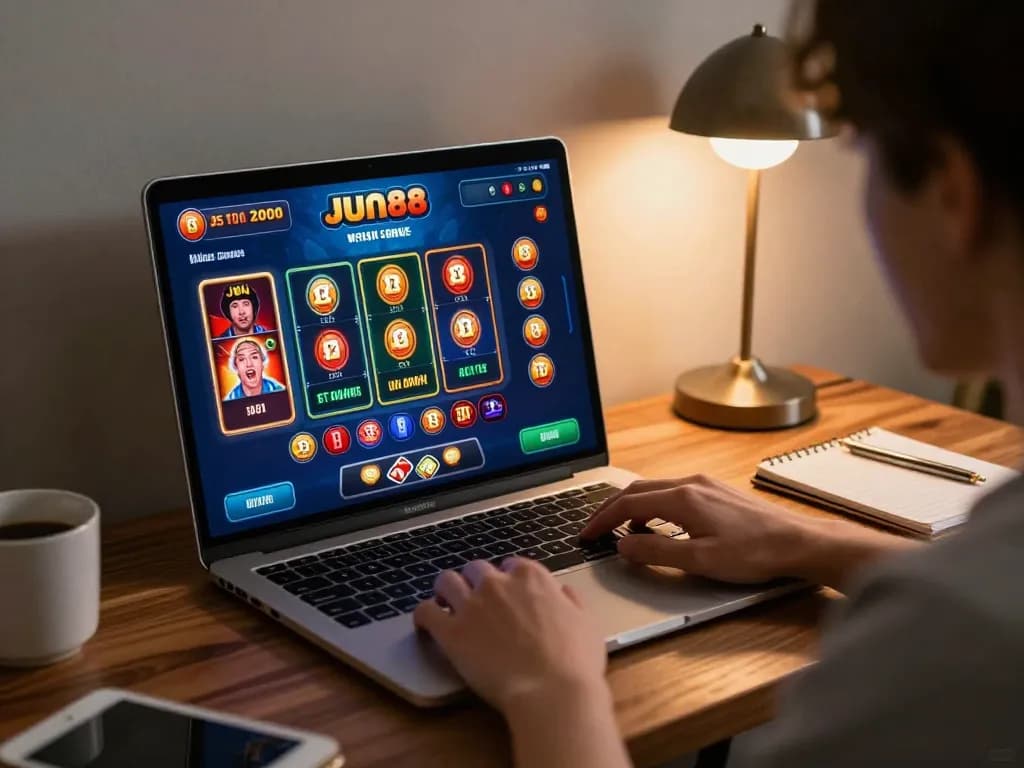 Engaged player experiencing Jun88 online casino on laptop, showcasing dynamic gaming action