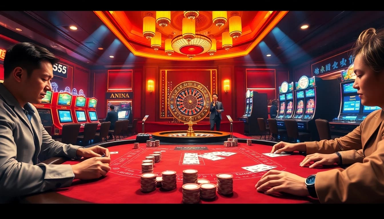 Experience the excitement of 'trang chủ BL555' with a vibrant casino scene showcasing poker tables and roulette action.