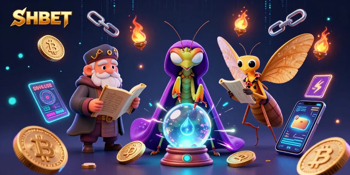 Engage with SHBET's vibrant casino universe through a 3D illustration showcasing fortune telling, crypto elements, and magical ambiance.