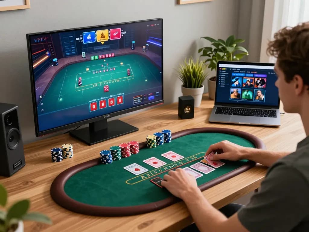 Player engaging in okking online blackjack game with stylish home setup and organized gaming accessories