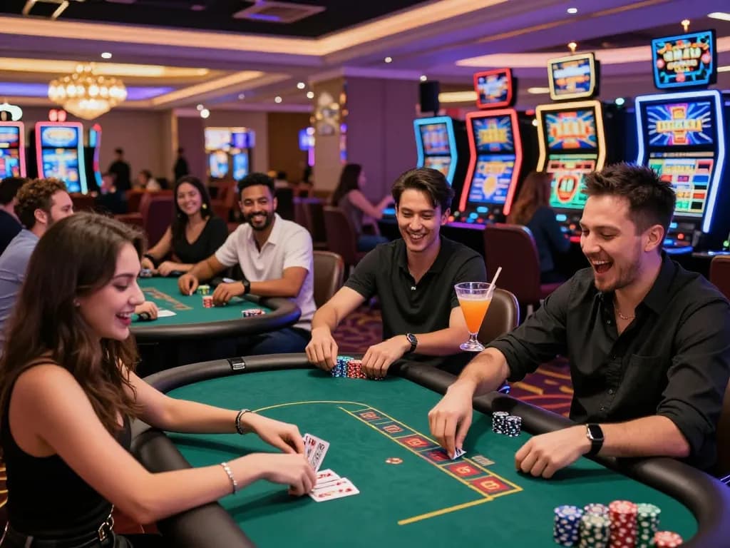 Engaging casino scene at https://789p.gg/ with diverse players enjoying vibrant games in an exciting atmosphere filled with neon lights and joy.