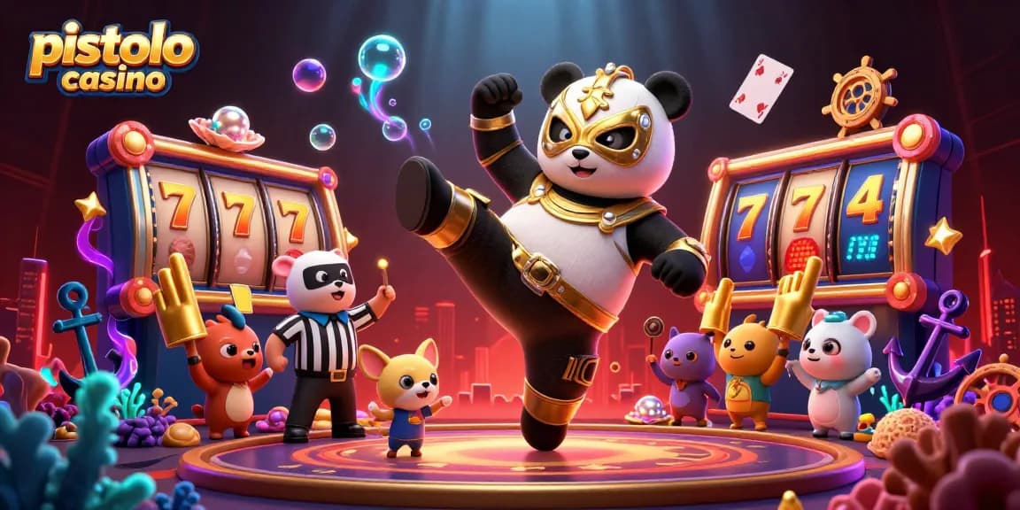 Pistolo Casino features a cartoon panda wrestler in action with engaging casino elements.