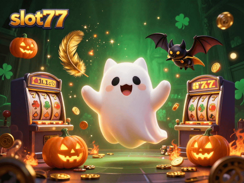 Experience the thrill of slot777 with ghostly fun and vibrant casino elements swirling in excitement.