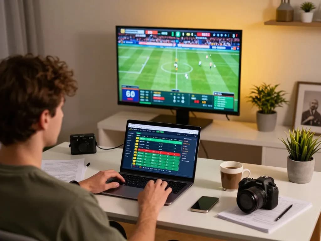 Engaging in sports betting on FABET's platform from a modern home workspace, showcasing excitement and strategic focus.