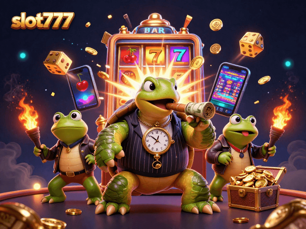 Engage with slot777 as a turtle mobster and bullfrogs showcase exciting casino action and jackpots.