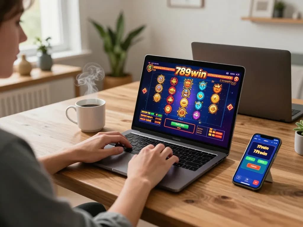 Enjoying online slot games on a laptop at 789win in a cozy home setting, showcasing strategic gameplay.