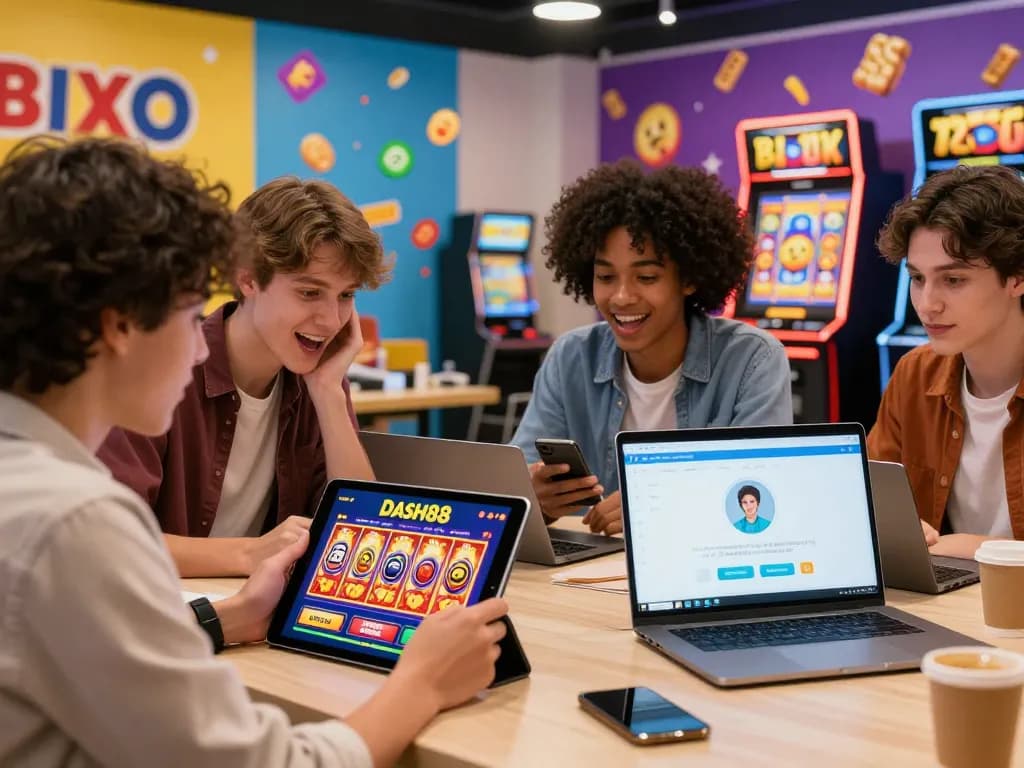 Dash88 online shopping scene featuring customers engaging with slot games on various devices, highlighting excitement and user experience.