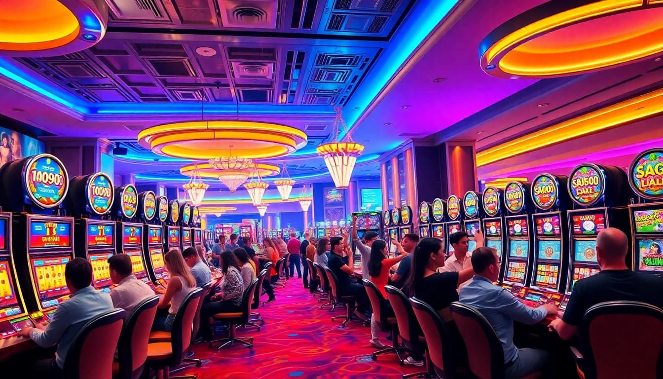 nohu90 online casino showcasing players celebrating big wins in a vibrant gaming atmosphere.