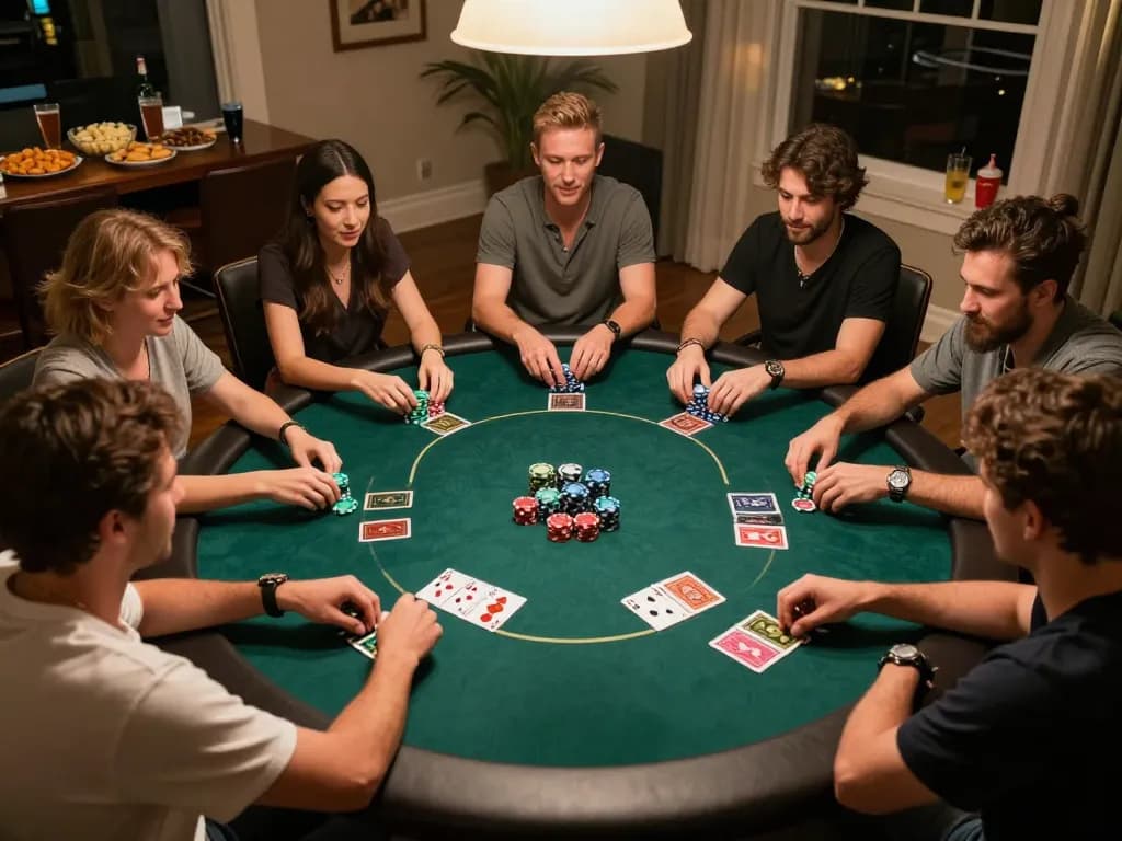 Friends engaged in an exciting poker game night at home with LC88-themed strategies and competitive gameplay.