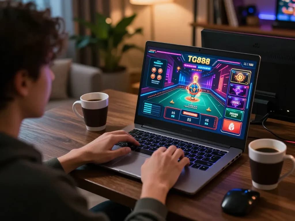 Engaged user playing TG88 CAM online casino game on a laptop in cozy home setting
