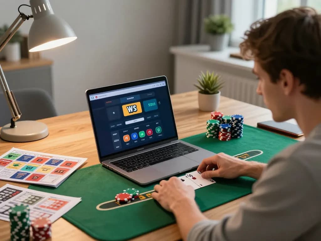 Player enjoying a live blackjack game on win55 platform in a cozy home office.