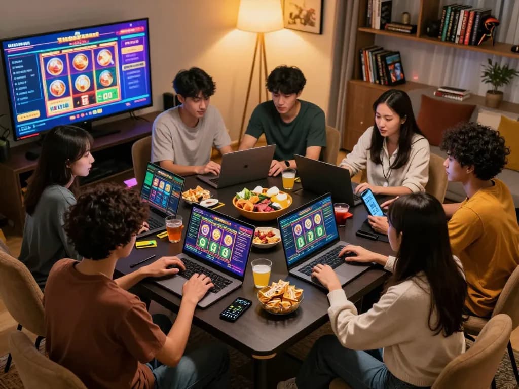Engaged friends placing bets on a live toto slot game, showcasing an exciting home gaming atmosphere.