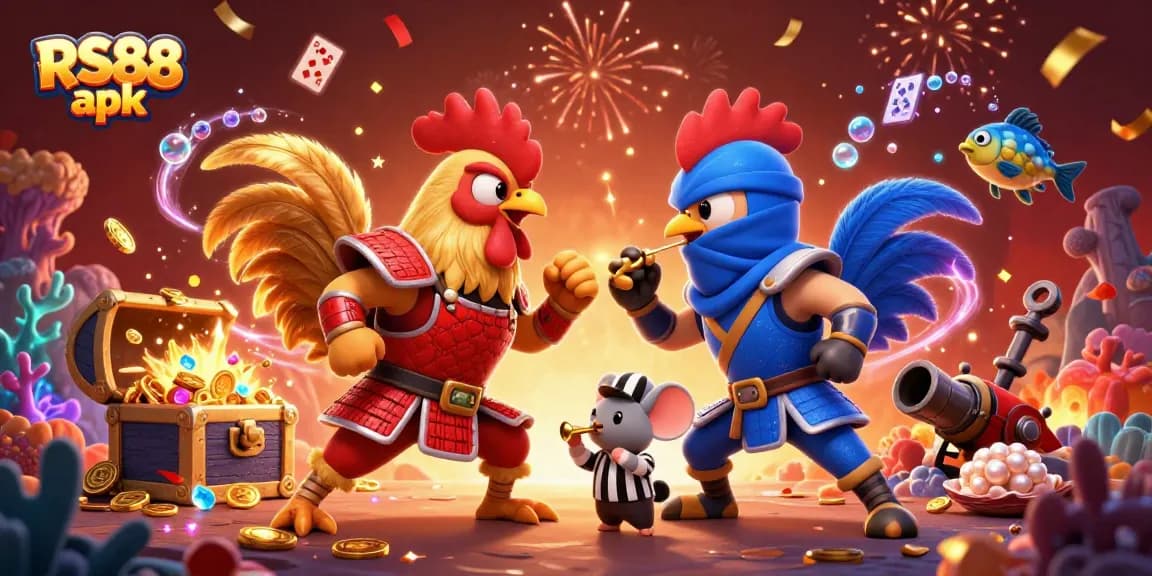 Engage in excitement with RS88 apk, a 3D scene of fighting roosters and casino elements.