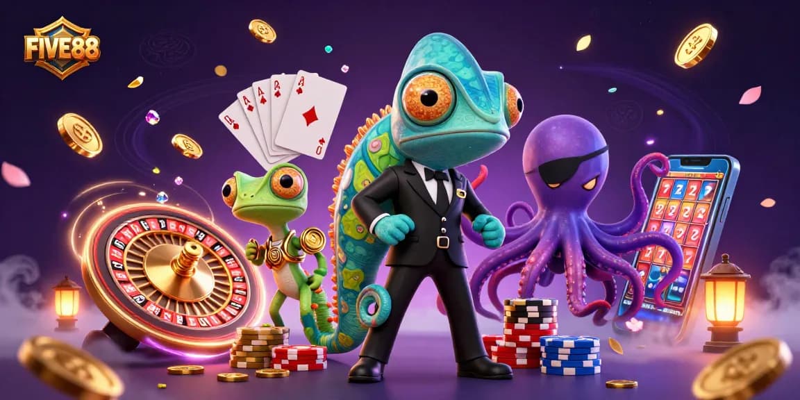 Join the action with FIVE88 at the vibrant casino featuring colorful characters and exciting game elements.
