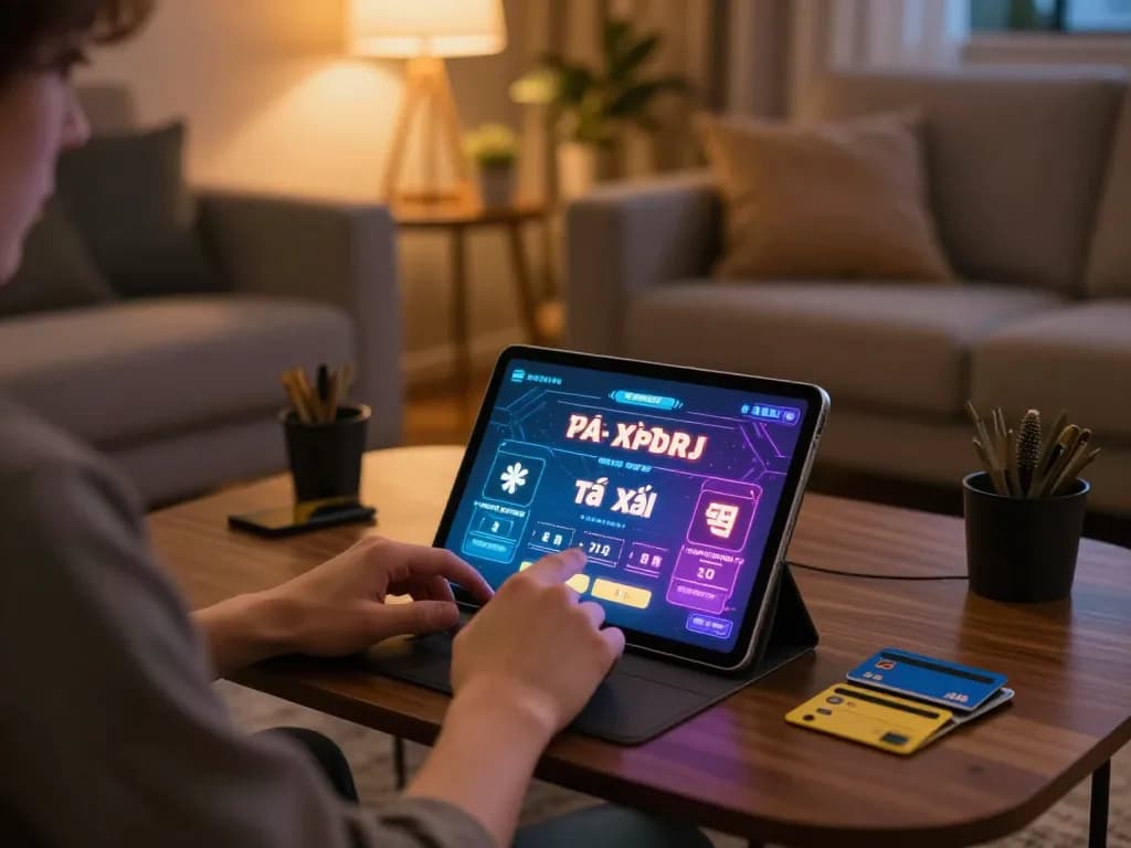 Tai xỉu online gaming session with a player focused on tablet in a cozy home setting, illustrating responsible gaming.