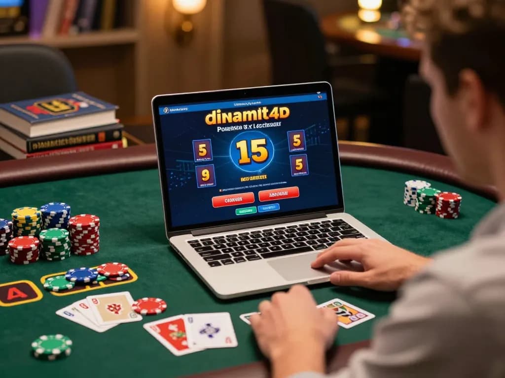Player strategizing with dinamit4d gameplay on laptop, showcasing engaging online casino atmosphere.