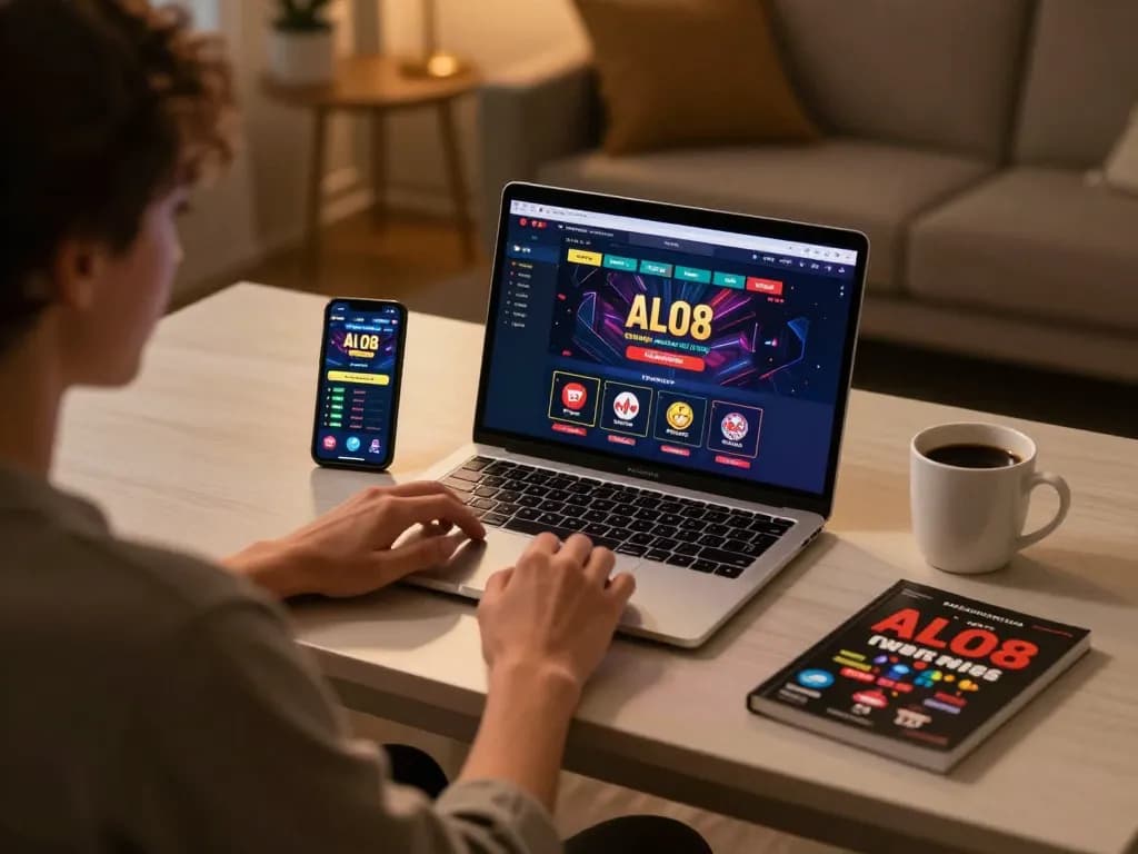 Player engaging with ALO8 casino online platform on laptop, showcasing dynamic gaming experience.
