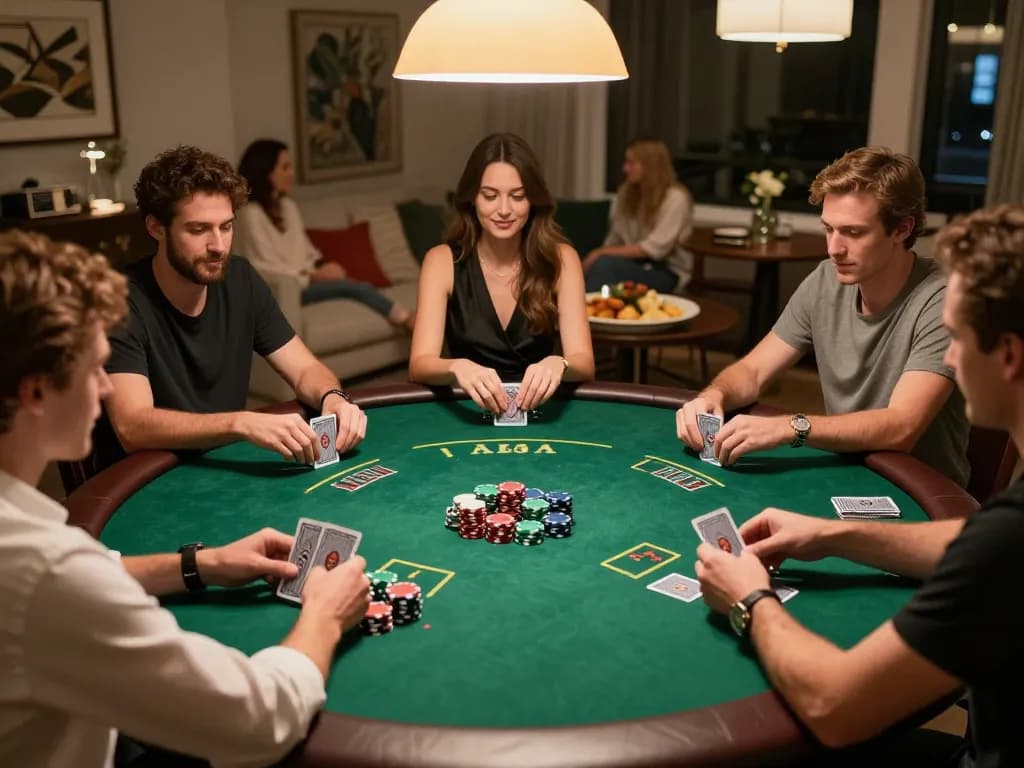 Players enjoying a friendly poker game at home with alo8 strategy, focusing on cards and chips.