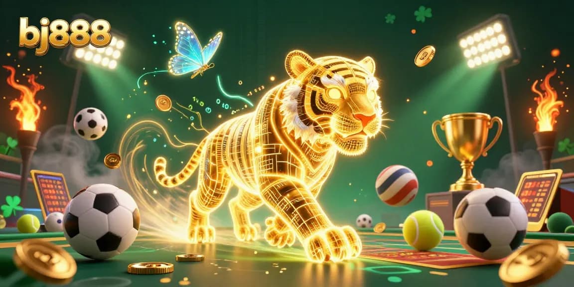 Engage in thrilling gaming at bj888 with a neon-wireframe golden tiger in a dynamic casino setting.