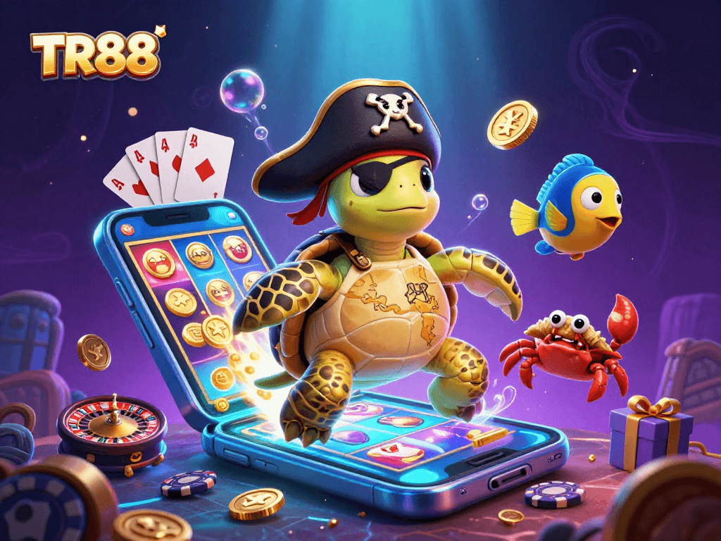 Experience TR88 with vibrant underwater scene featuring a pirate turtle and slot games.