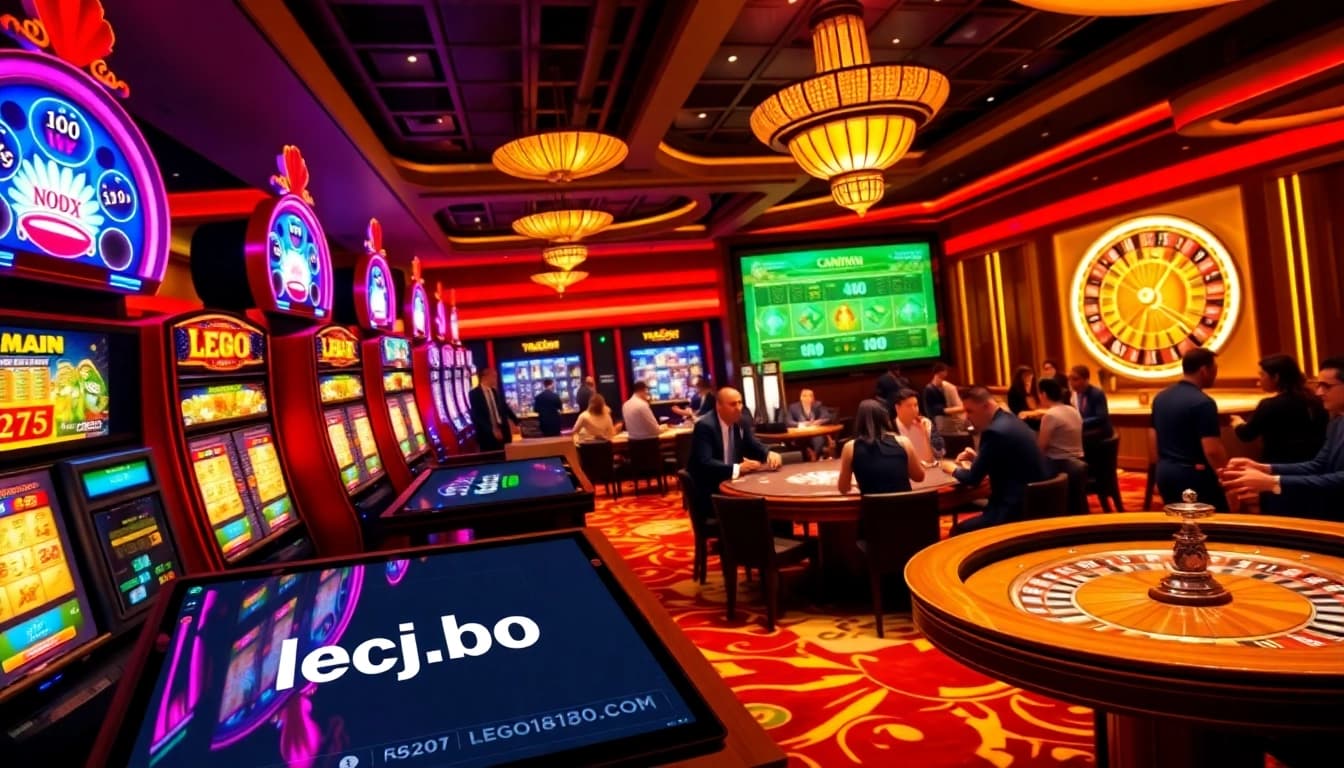 Players celebrating big wins at lego138, surrounded by vibrant slot machines and elegant gambling tables.