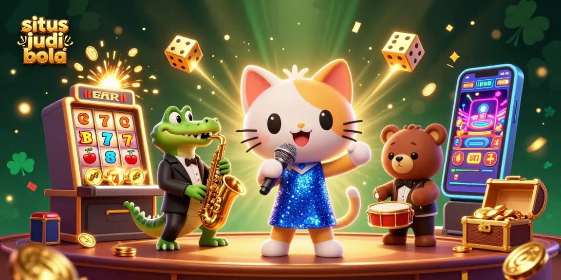 Experience situs judi bola excitement with a vibrant 3D casino illustration showcasing cartoon characters, dazzling slots, and winning moments.