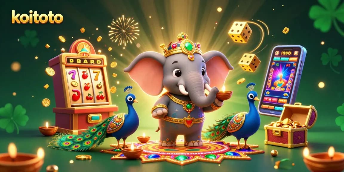Koitoto offers thrilling gameplay with high-stakes energy, featuring a vibrant 3D cartoon elephant and peacock in a colorful casino scene.