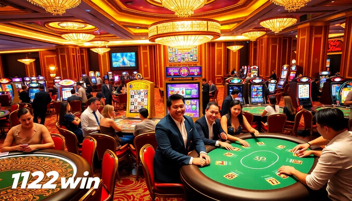 Players enjoying a thrilling casino experience with 123win slot machines and poker tables.
