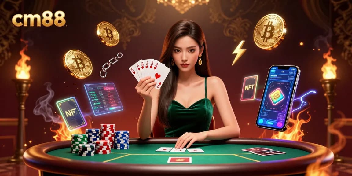 Engage with cm88 at the poker table showcasing strategy with cards and cryptocurrency elements.