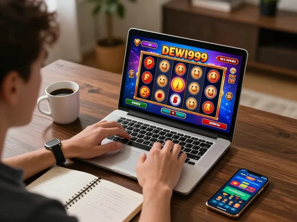 Terlibat dalam permainan kasino online DEWI999, seorang pemain fokus pada laptop mereka dengan slot yang berputar dan catatan strategi.