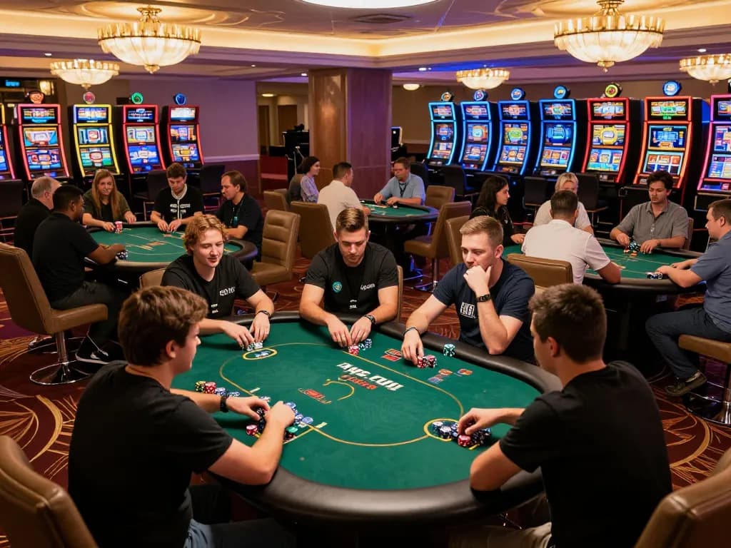 Players in a poker tournament at a vibrant casino showcasing strategic gameplay and engaging moments with DA88.