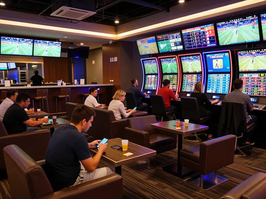 Patrons engaged in sports betting excitement at VU88, observing screens and placing bets.