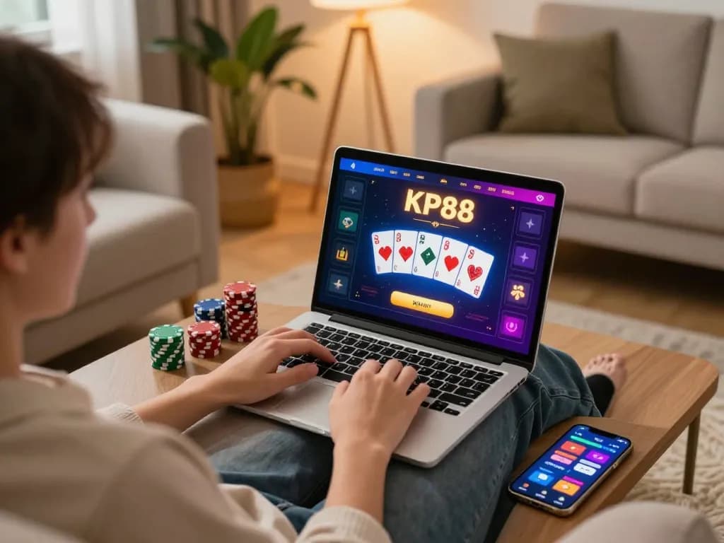 Player engaging with KP88 online casino on laptop, showcasing vibrant gaming interface and cozy atmosphere.