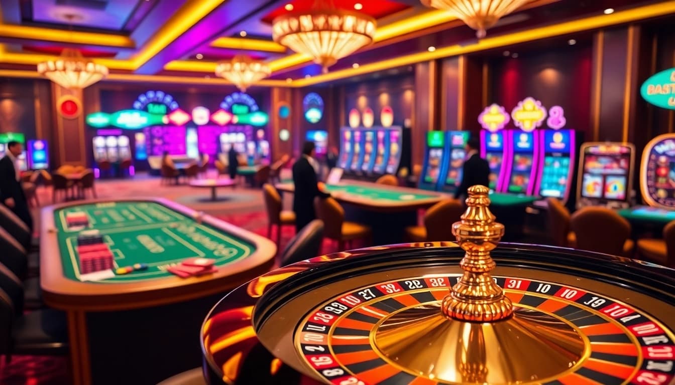 Experience thrilling gameplay at FO88 with a vibrant casino scene showcasing roulette and poker.