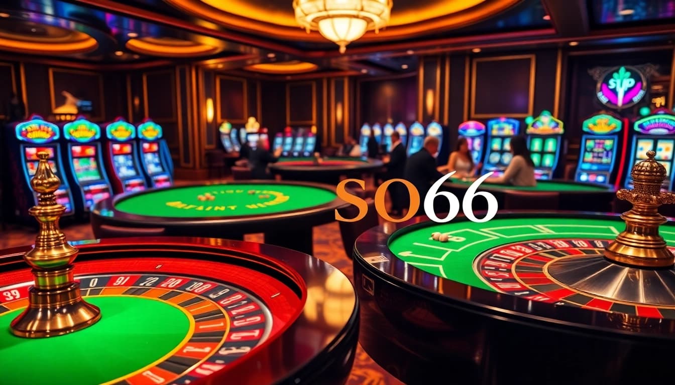 SODO66 players enjoying a thrilling casino experience with vibrant slot machines and roulette wheel.
