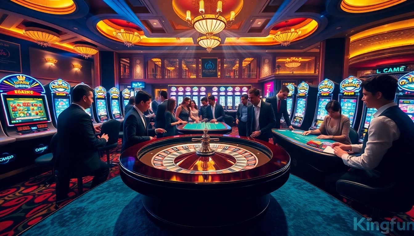 Exciting gaming scene at Kingfun casino with players at the poker table.
