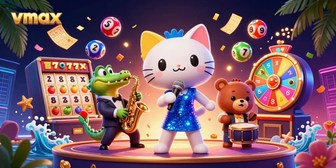 Engaging vmax casino scene featuring a singer cat, saxophonist crocodile, and drummer bear with jackpot elements.