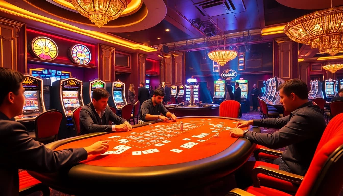 Experience the excitement of Vaoluoitv in a luxurious casino, showcasing vibrant poker action with players.