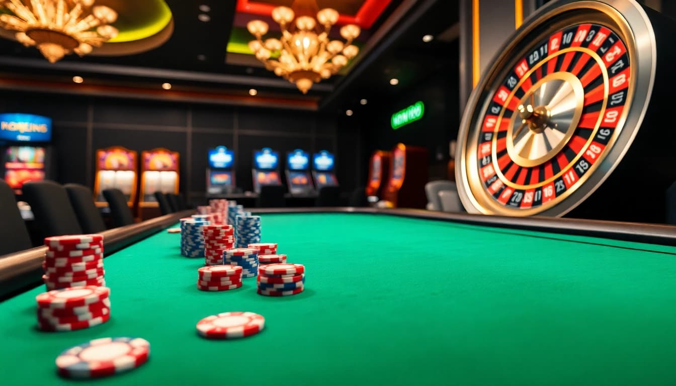 Experience the thrill of NEW88 at a vibrant casino with poker chips, roulette wheel, and slot machines.