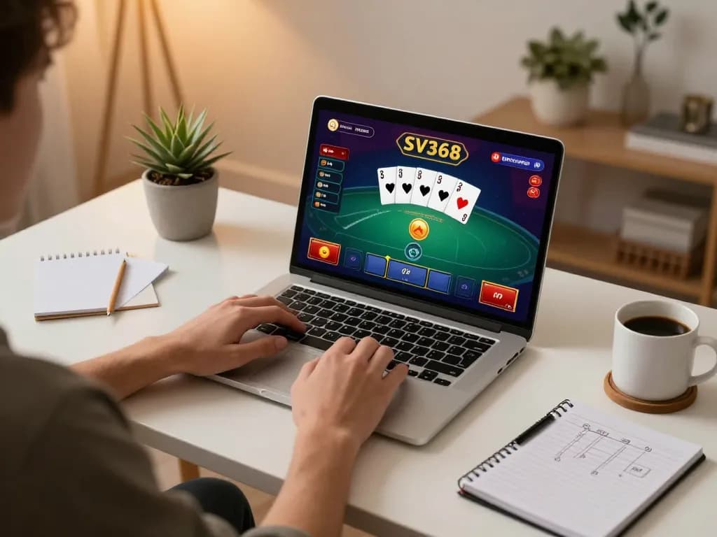 Engaged player using SV368 to strategize poker bets while enjoying a cozy home setup