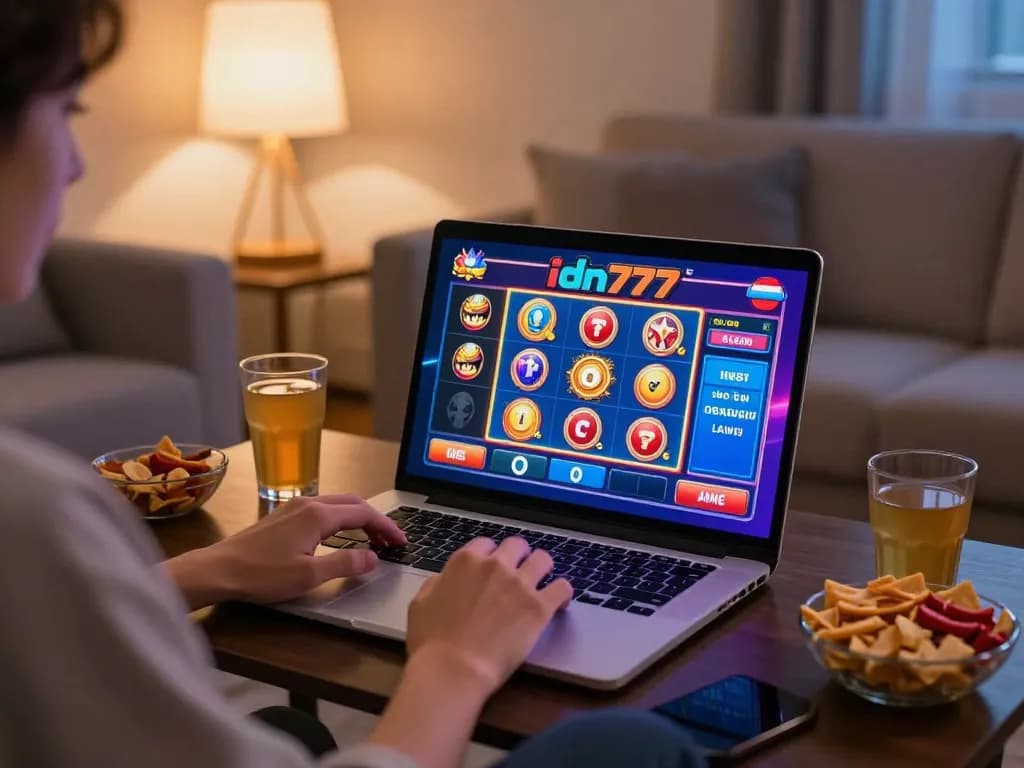 Pemain online yang terlibat menikmati permainan kasino idn777 di laptop, suasana yang nyaman dan mengundang.
